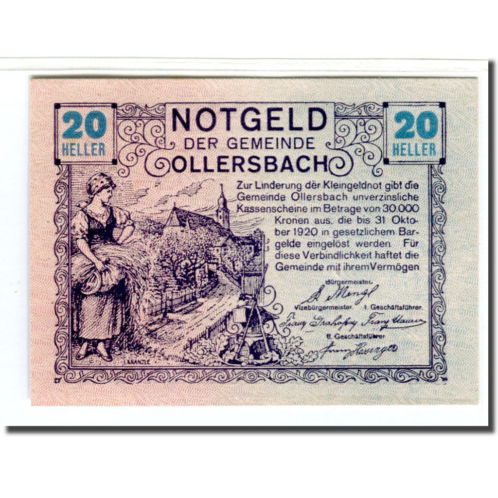 Banknote, Austria, Ollersbach, 20 Heller, personnage 1, 1920, UNC(63), Mehl:709a