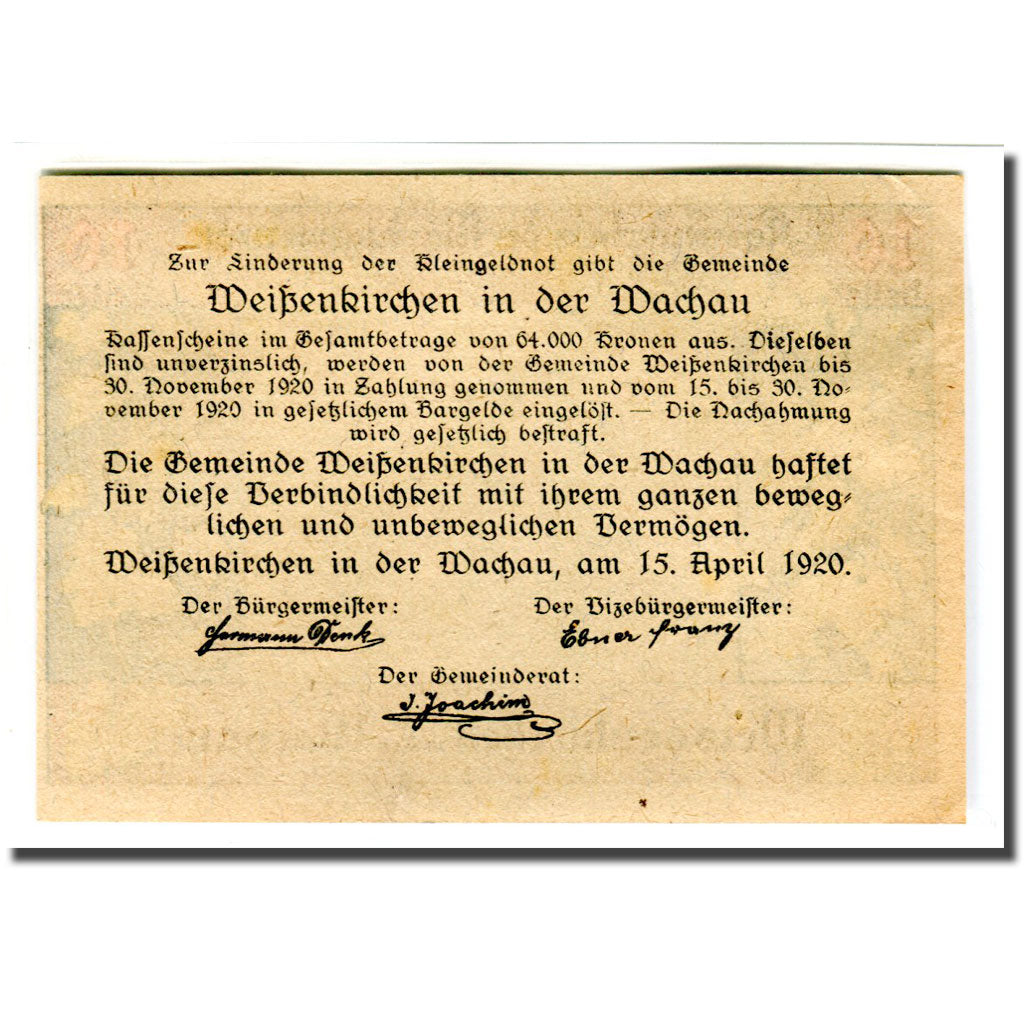 Banknote, Austria, Weissenkirchen an der Donau, 10 Heller, Texte, 1920