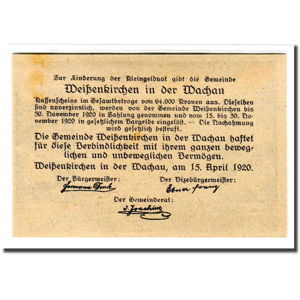 Banknote, Austria, Weissenkirchen an der Donau, 20 Heller, texte 1, 1920