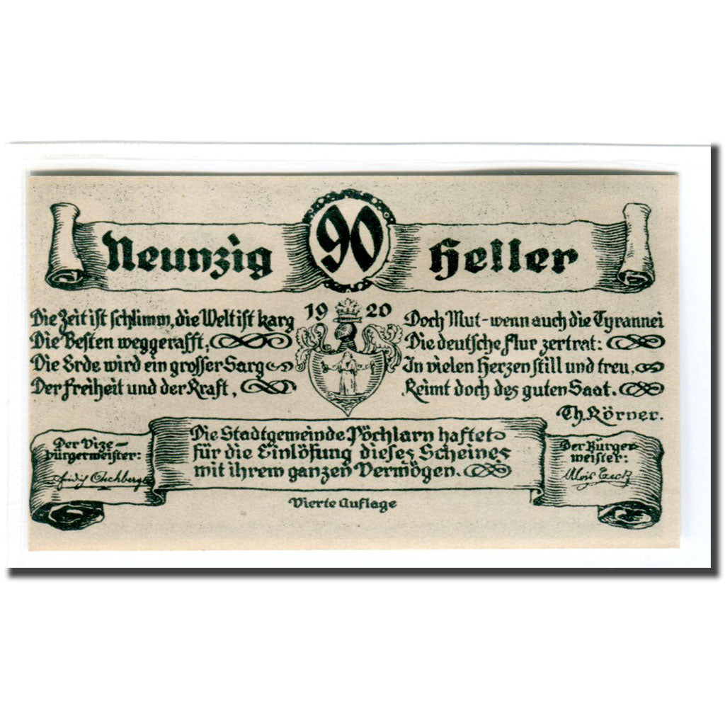 Banknote, Austria, Pochlarn, 90 Heller, Texte 2, 1920, UNC(63), Mehl:755IV