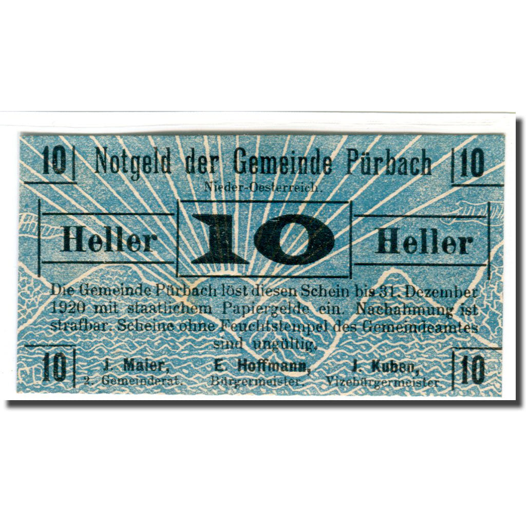 Banknote, Austria, Pürbach, 10 Heller, Texte, 1920, UNC(63), Mehl:793I