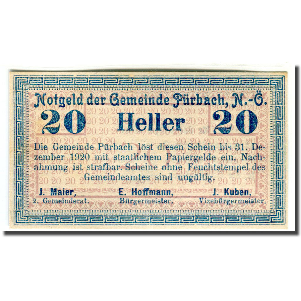 Geldschein, Österreich, Pürbach, 20 Heller, texte 1, 1920, UNZ-, Mehl:793I