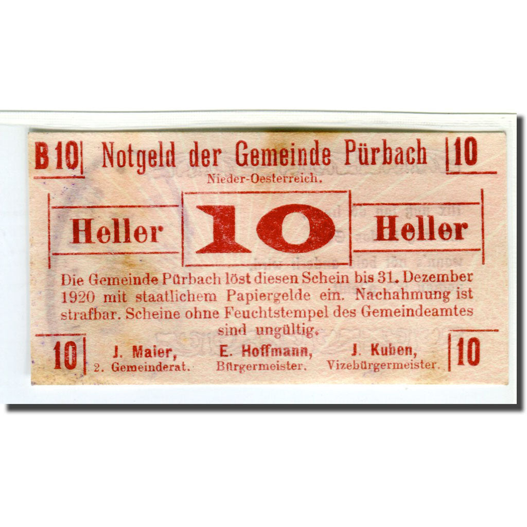 Banknote, Austria, Pürbach, 10 Heller, Texte, 1920, AU(55-58), Mehl:793IIb