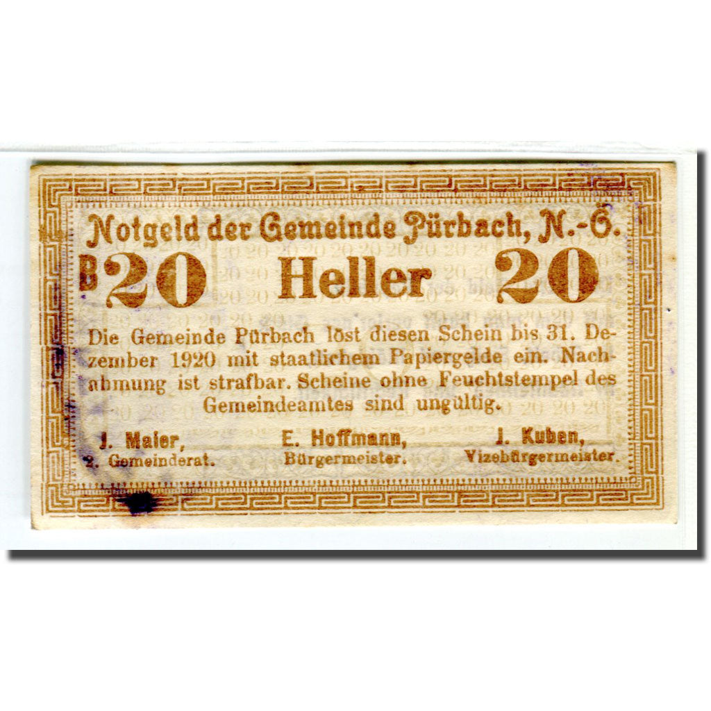 Biljet, Oostenrijk, Pürbach, 20 Heller, texte 1, 1920, SUP, Mehl:793IIb