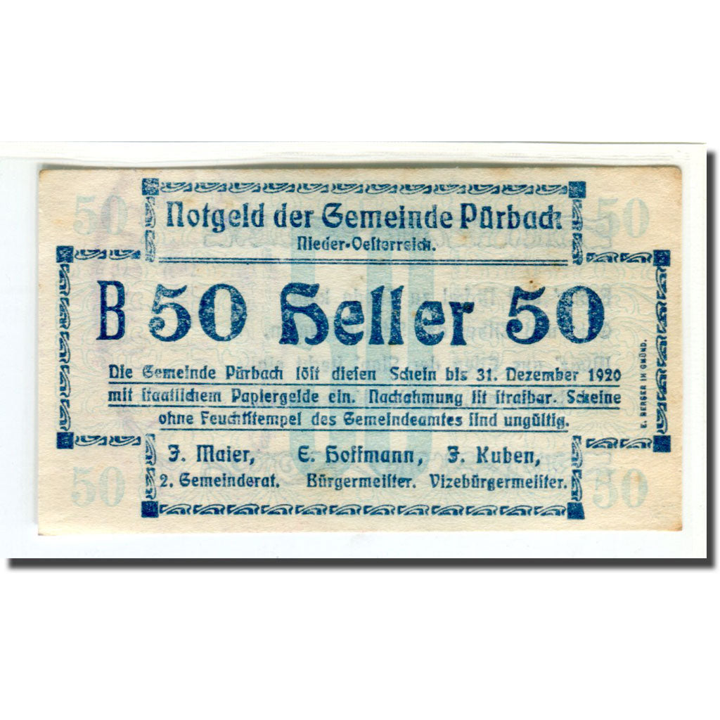 Biljet, Oostenrijk, Pürbach, 50 Heller, Texte 2, 1920, SUP, Mehl:793IIb