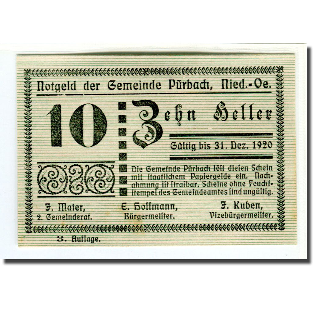 Banknote, Austria, Pürbach, 10 Heller, Texte, 1920, UNC(63), Mehl:793IIIb