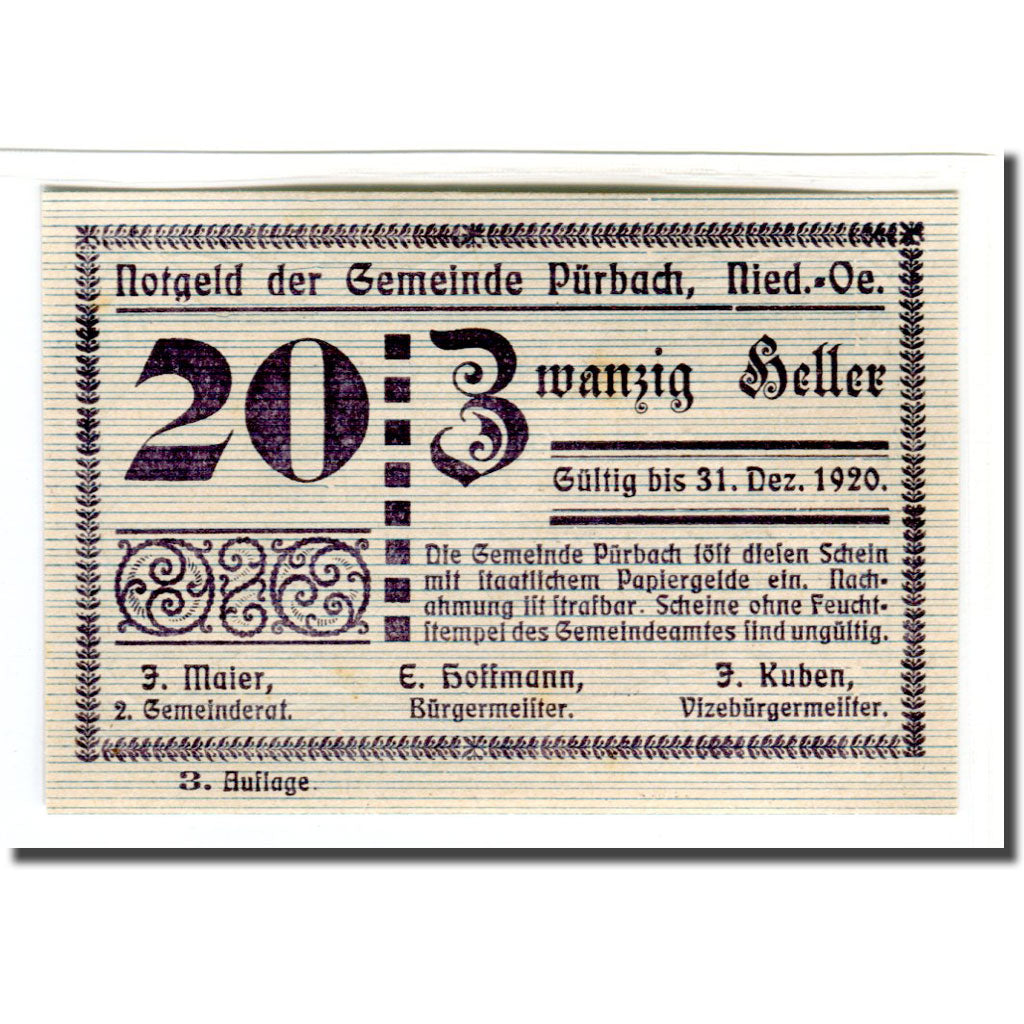Banknote, Austria, Pürbach, 20 Heller, texte 1, 1920, UNC(63), Mehl:793IIIb