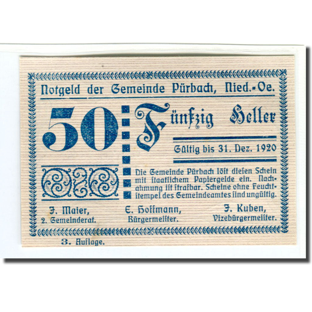 Banknote, Austria, Pürbach, 50 Heller, Texte 2, 1920, UNC(63), Mehl:793IIIb
