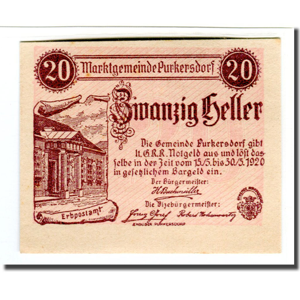 Banknote, Austria, Purkersdorf N.Ö. Marktgemeinde, 20 Heller, N.D, 1920