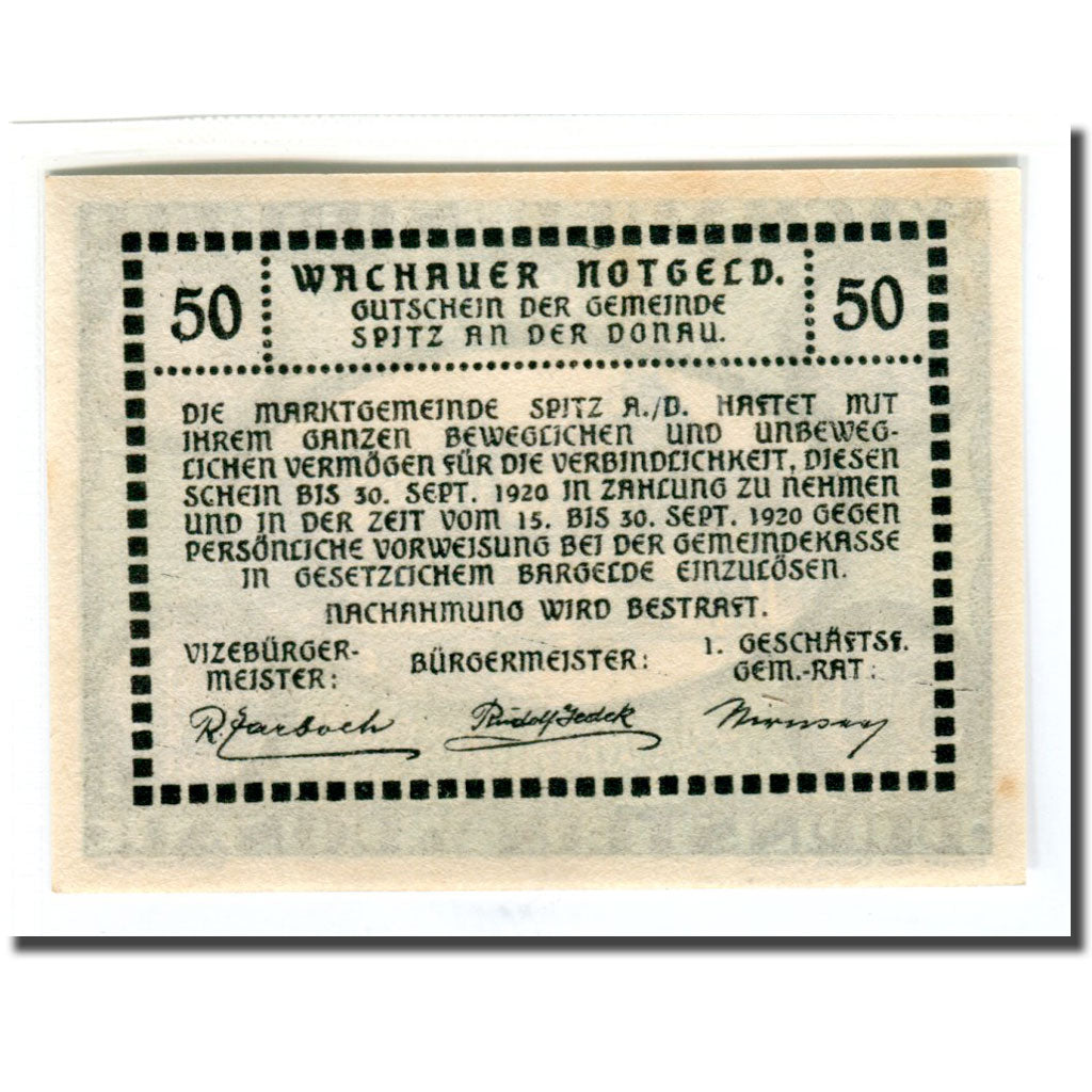 Biljet, Oostenrijk, Wachauer Notgeld Dürnstein N.Ö. Gemeinde, 50 Heller, Texte