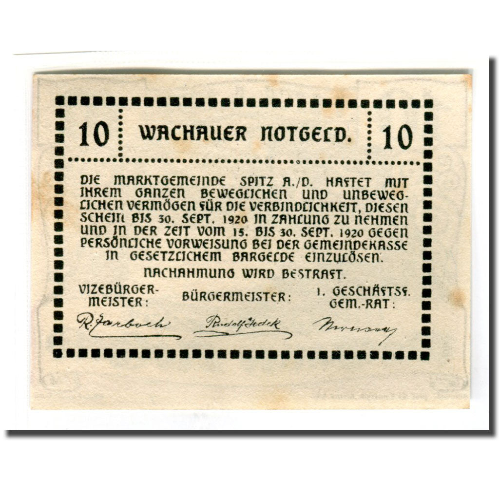 Biljet, Oostenrijk, Wachauer Notgeld Mitter-Arnsdorf Gemeinde, 10 Heller, Texte