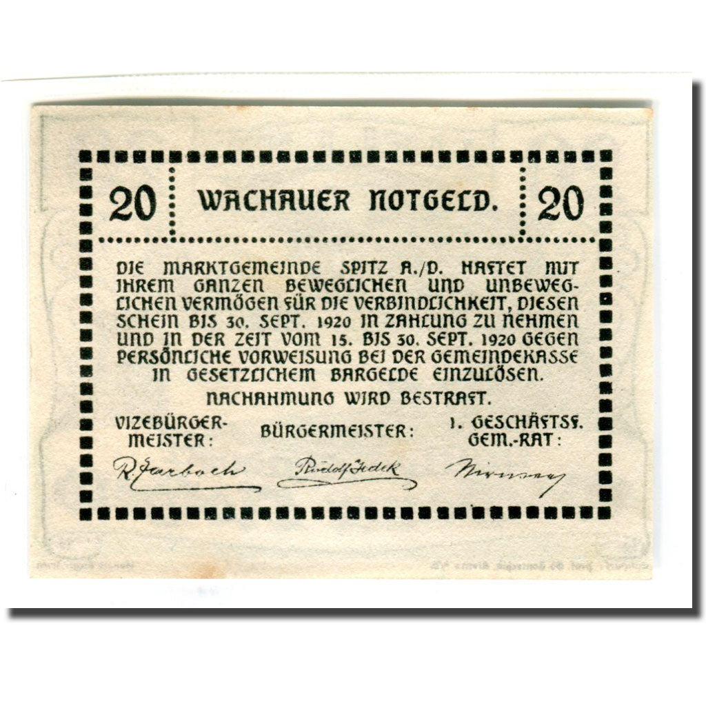 Banknote, Austria, Wachauer Notgeld Mitter-Arnsdorf Gemeinde, 20 Heller, texte