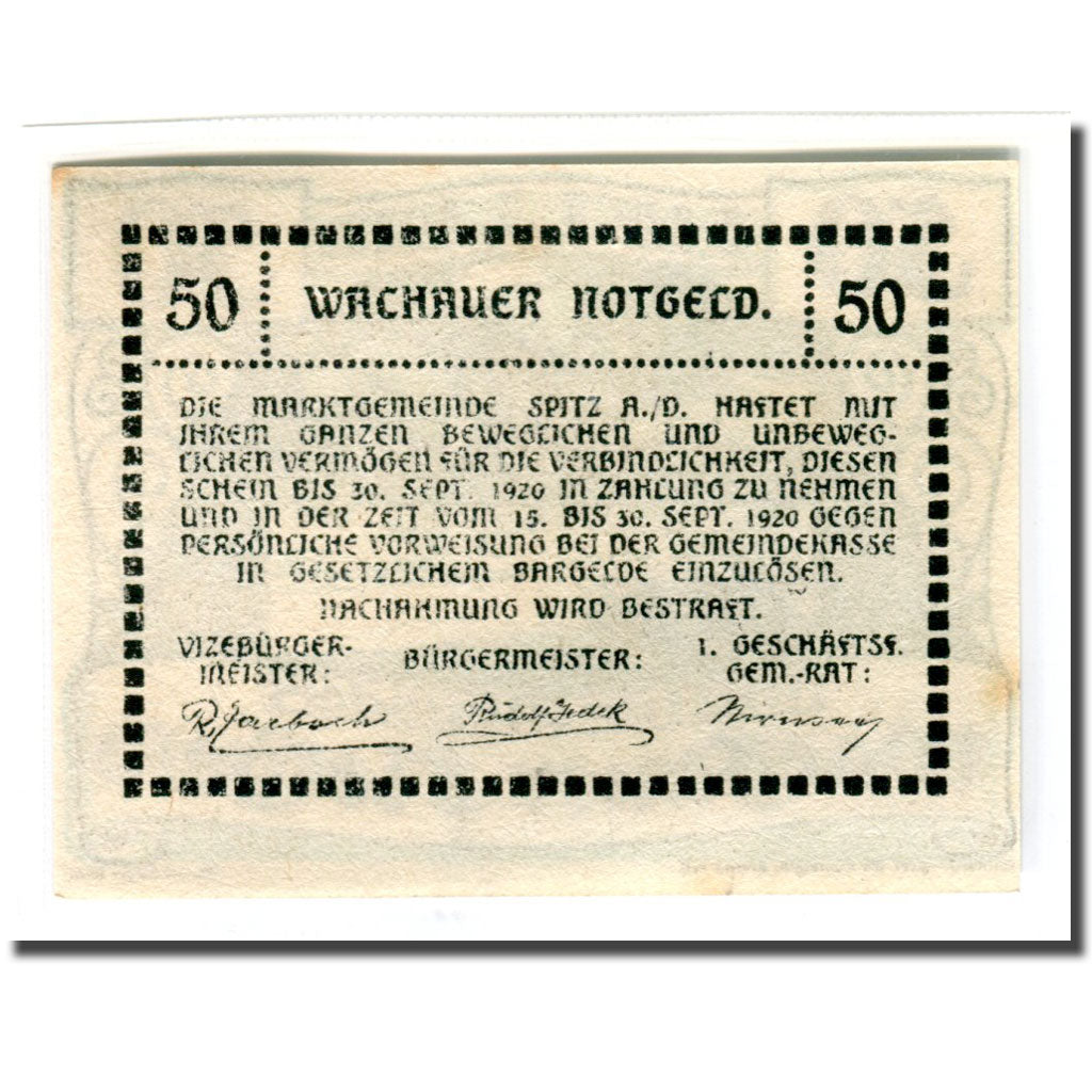 Billete, Austria, Wachauer Notgeld Mitter-Arnsdorf Gemeinde, 50 Heller, Texte 2