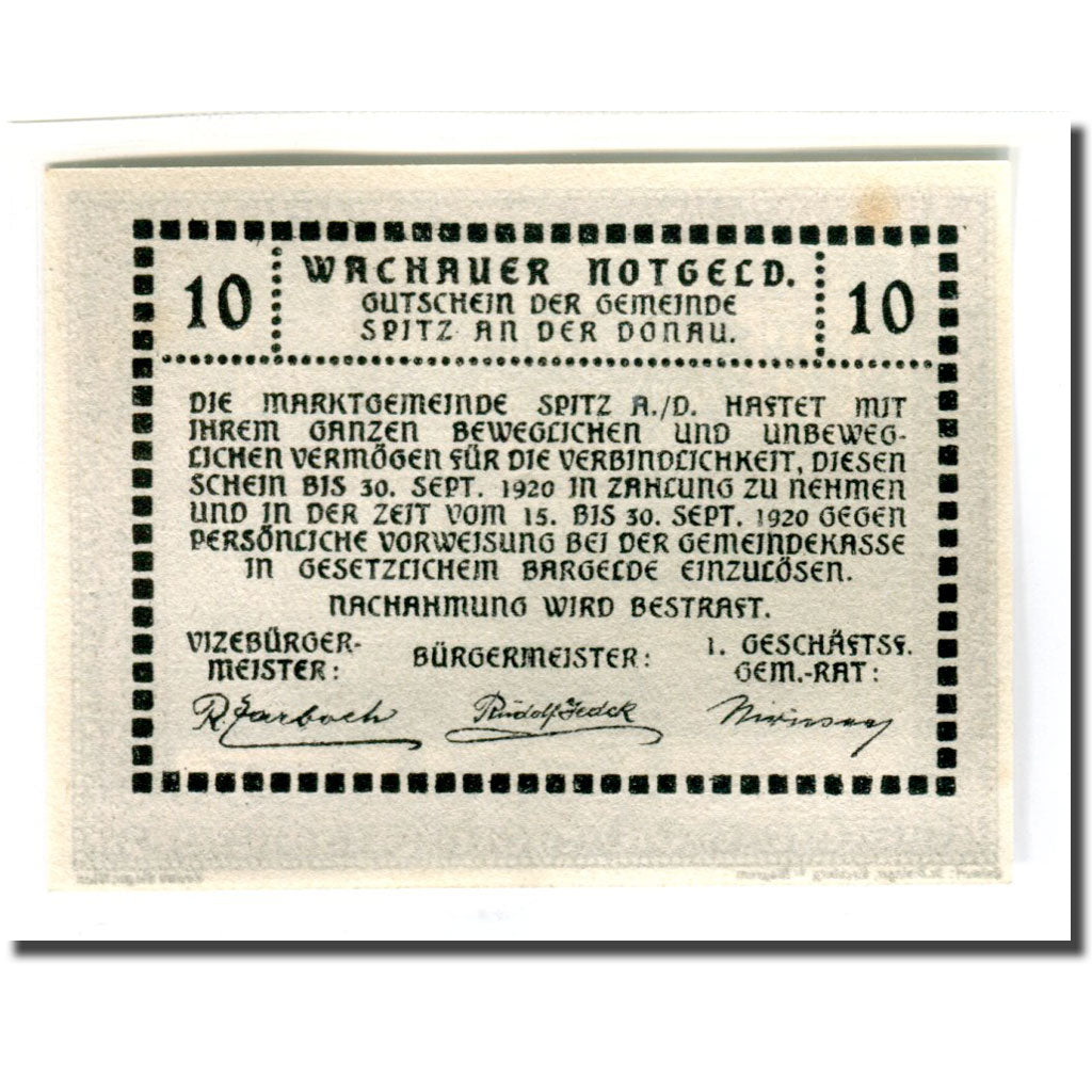 Banknote, Austria, Wachauer Notgeld - Spitz - Kirche N.Ö. Gemeinde, 10 Heller