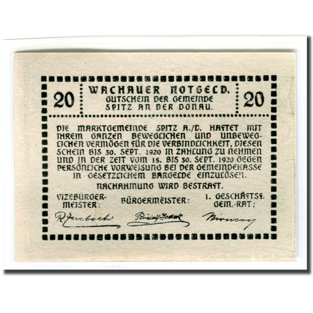 Geldschein, Österreich, Wachauer Notgeld - Spitz - Kirche N.Ö. Gemeinde, 20