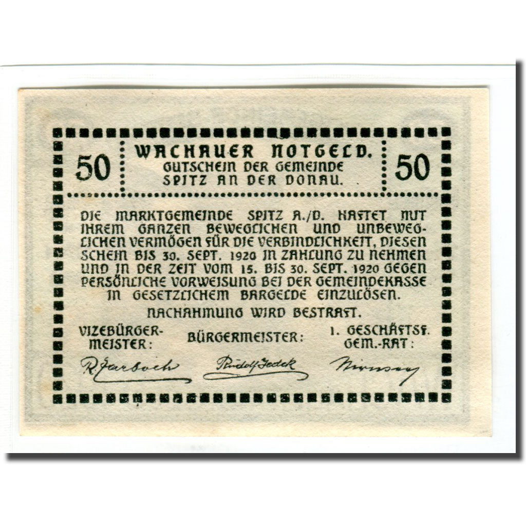 Geldschein, Österreich, Wachauer Notgeld - Spitz - Kirche N.Ö. Gemeinde, 50
