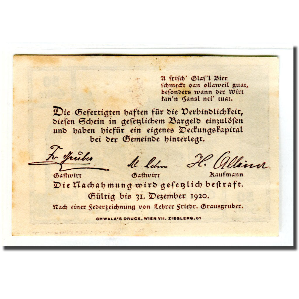 Banknote, Austria, Weiten N.Ö. Prv. Fr. Gruber, Gastwirt, Al. Lehner, Gastwirt
