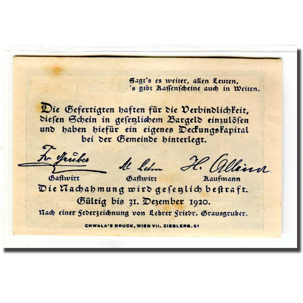 Geldschein, Österreich, Weiten N.Ö. Prv. Fr. Gruber, Gastwirt, Al. Lehner