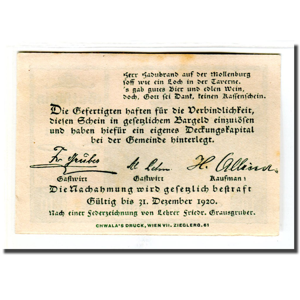 Banknote, Austria, Weiten N.Ö. Prv. Fr. Gruber, Gastwirt, Al. Lehner, Gastwirt