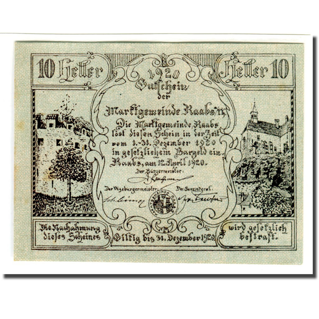 Biljet, Oostenrijk, Raabs N.Ö. Marktgemeinde, 10 Heller, Blason, 1920