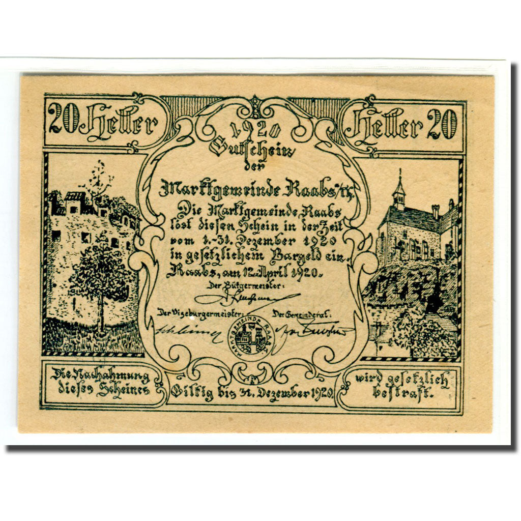 Biljet, Oostenrijk, Raabs N.Ö. Marktgemeinde, 20 Heller, Blason 1, 1920