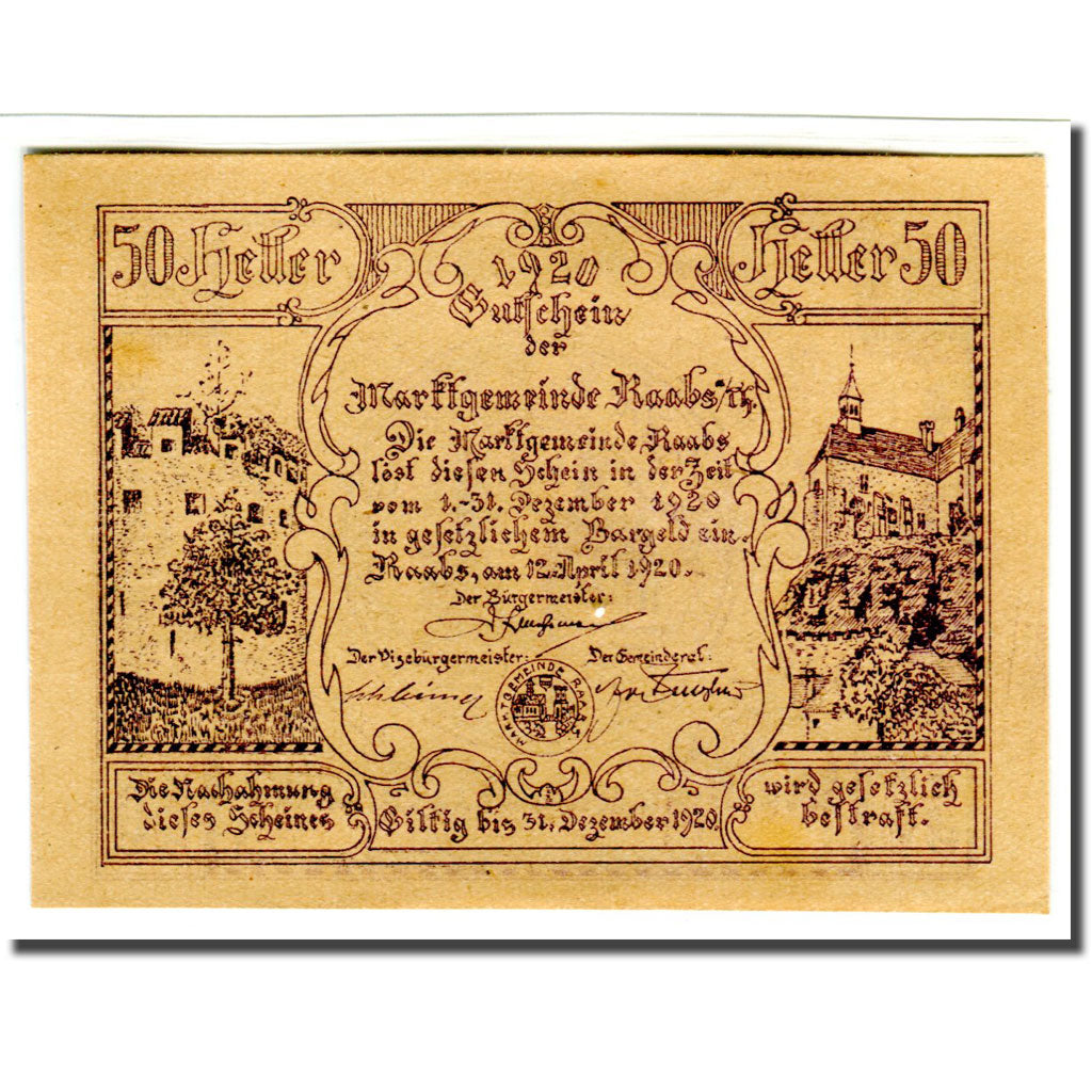 Geldschein, Österreich, Raabs N.Ö. Marktgemeinde, 50 Heller, Blason 2, 1920