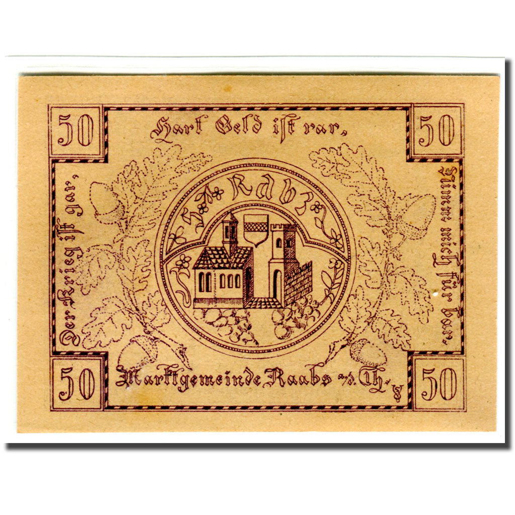 Geldschein, Österreich, Raabs N.Ö. Marktgemeinde, 50 Heller, Blason 2, 1920