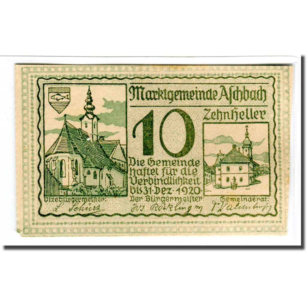 Banknote, Austria, Aschbach N.Ö. Marktgemeinde, 10 Heller, Texte, 1920