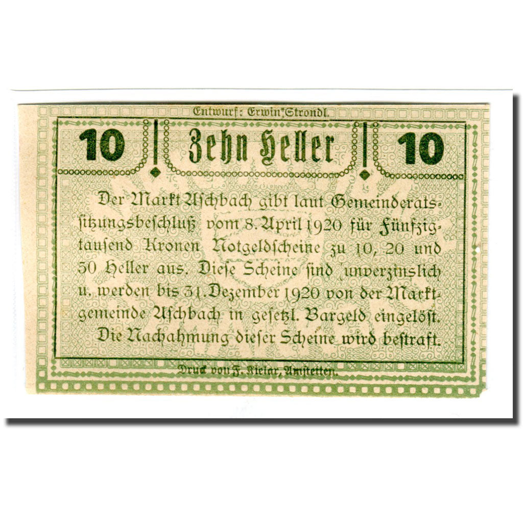 Banknote, Austria, Aschbach N.Ö. Marktgemeinde, 10 Heller, Texte, 1920
