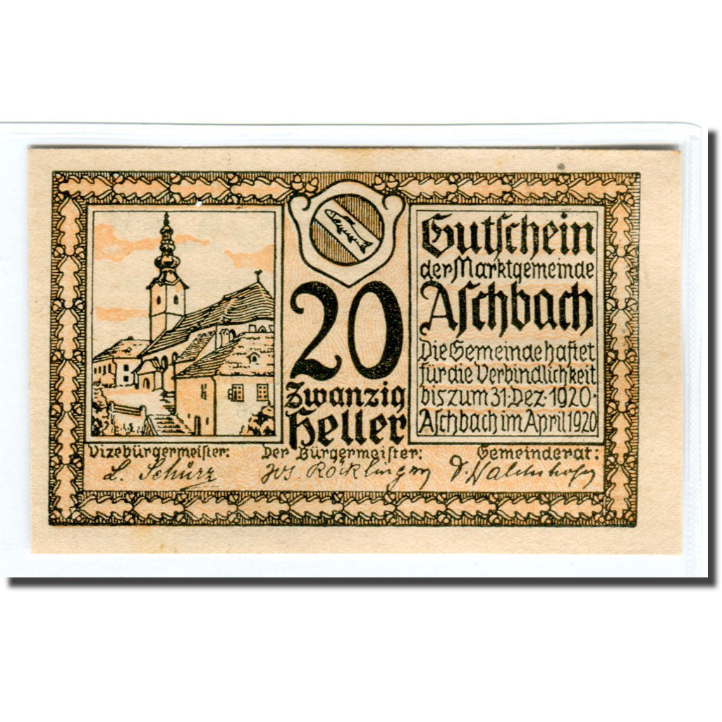 Geldschein, Österreich, Aschbach N.Ö. Marktgemeinde, 20 Heller, texte 1, 1920