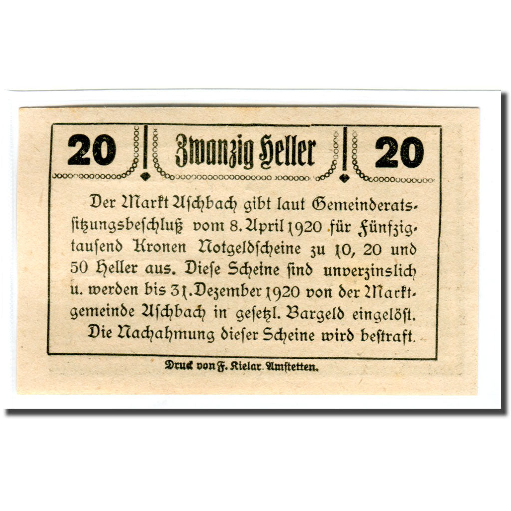 Geldschein, Österreich, Aschbach N.Ö. Marktgemeinde, 20 Heller, texte 1, 1920
