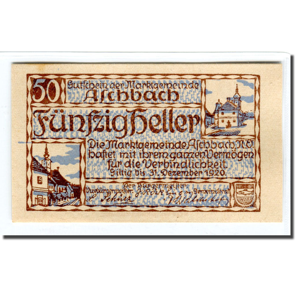 Geldschein, Österreich, Aschbach N.Ö. Marktgemeinde, 50 Heller, Texte 2, 1920