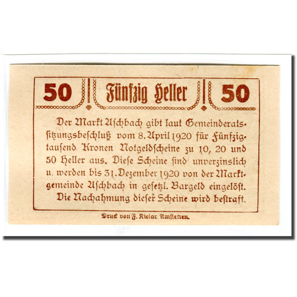 Geldschein, Österreich, Aschbach N.Ö. Marktgemeinde, 50 Heller, Texte 2, 1920