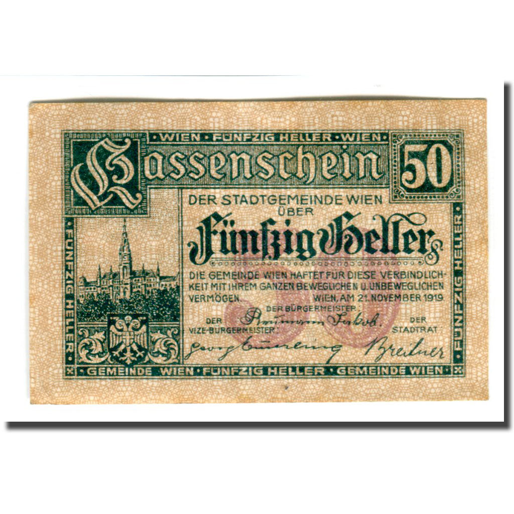 Billet, Autriche, Wien N.Ö. Stadtgemeinde, 50 Heller, texte 1, 1919