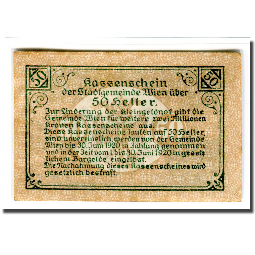 Billet, Autriche, Wien N.Ö. Stadtgemeinde, 50 Heller, texte 1, 1919