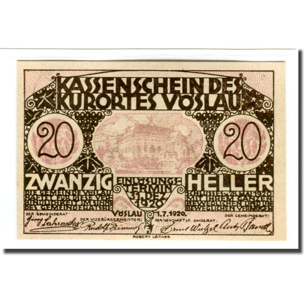 Billete, Austria, Vöslau N.Ö. Gemeinde, 20 Heller, arbre 1, 1920, 1920-07-01