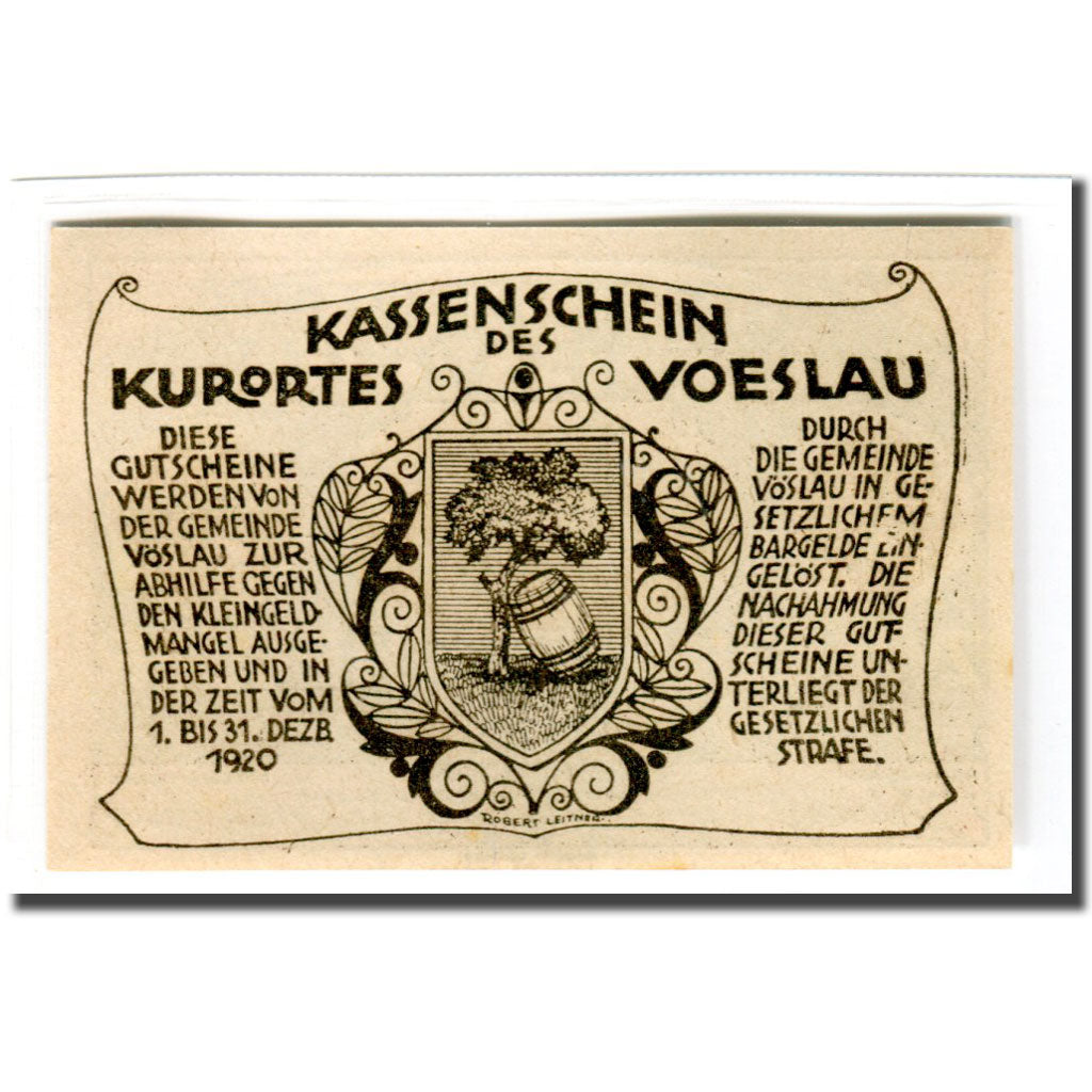 Billete, Austria, Vöslau N.Ö. Gemeinde, 20 Heller, arbre 1, 1920, 1920-07-01