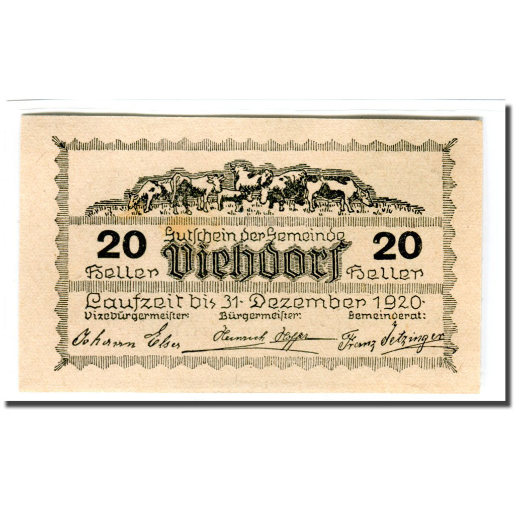 Geldschein, Österreich, Viehdorf, 20 Heller, vache 1, 1920, UNZ-, Mehl:1111c