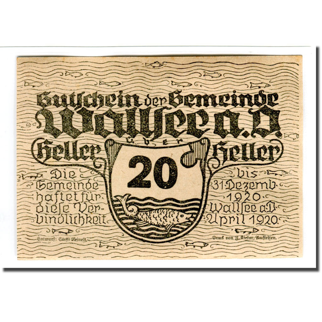 Banconote, Austria, Wallsee, 20 Heller, chateau 2, 1920, SPL, Mehl:1137Ia
