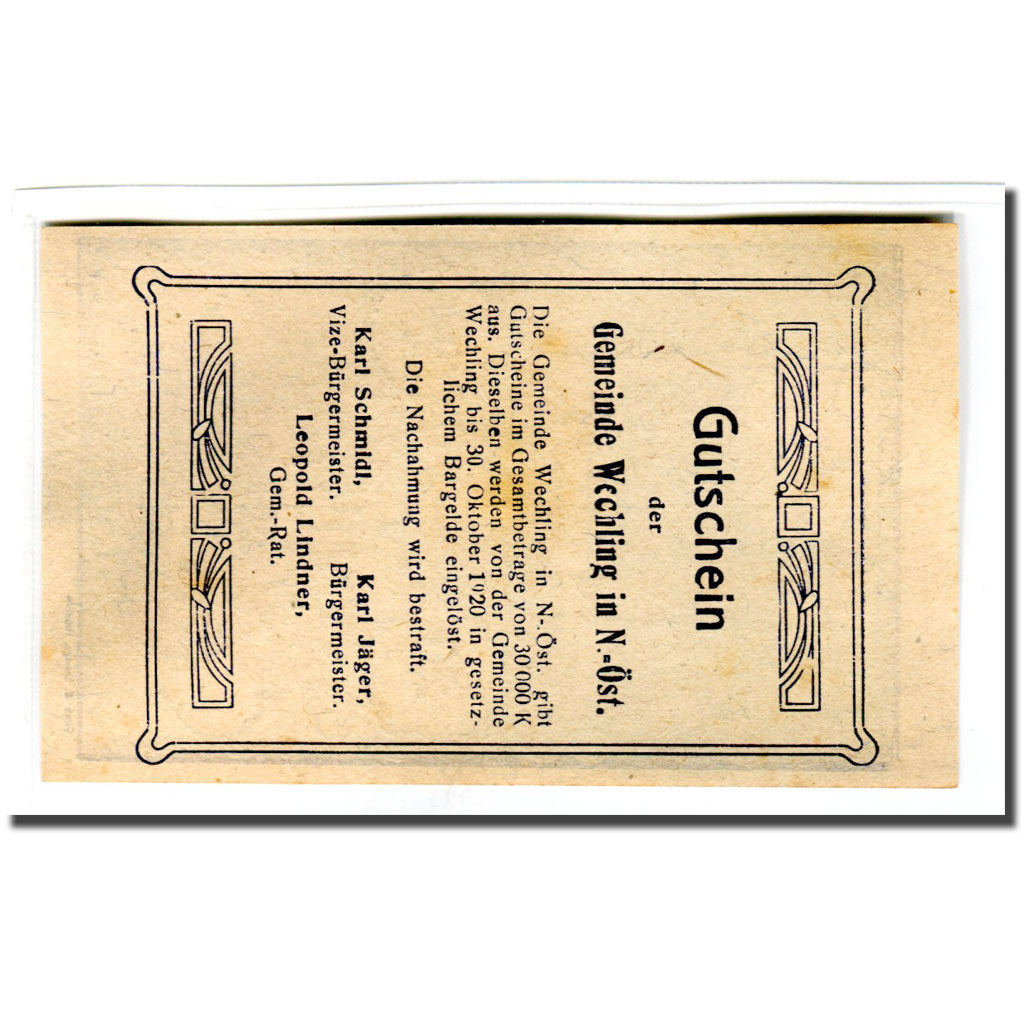 Billet, Autriche, Wechling, 20 Heller, Texte, 1920, SPL, Mehl:1145a