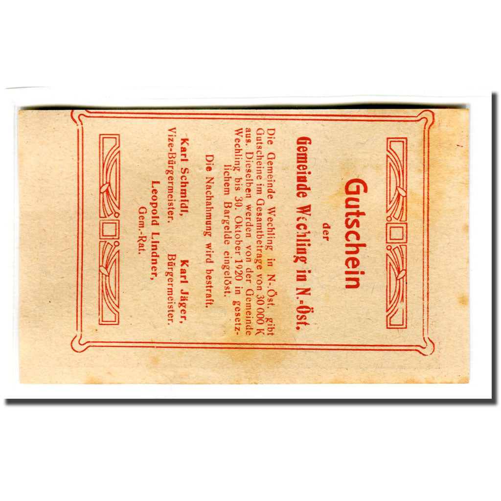 Billet, Autriche, Wechling, 30 Heller, texte 1, 1920, SPL, Mehl:1145a