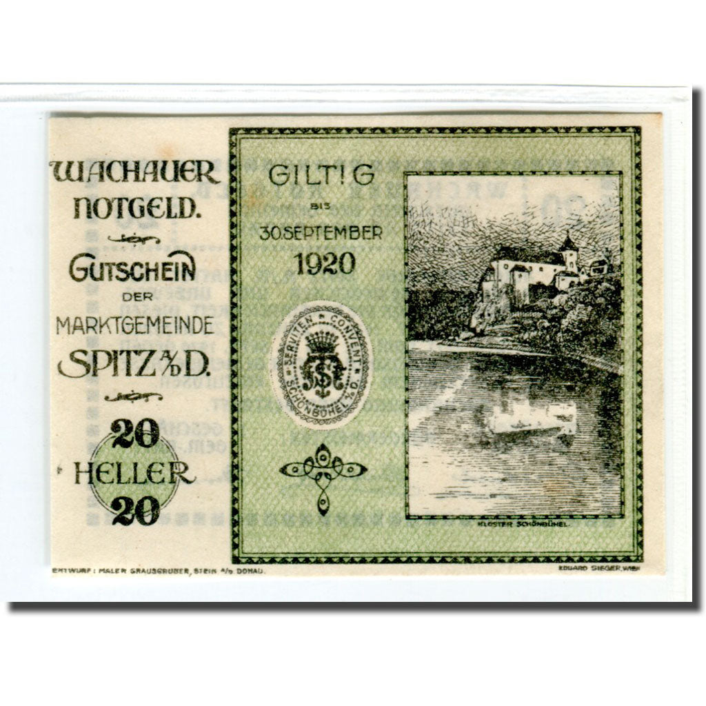 Billet, Autriche, Wachauer Notgeld Schönbühel N.Ö. Gemeinde, 20 Heller, texte