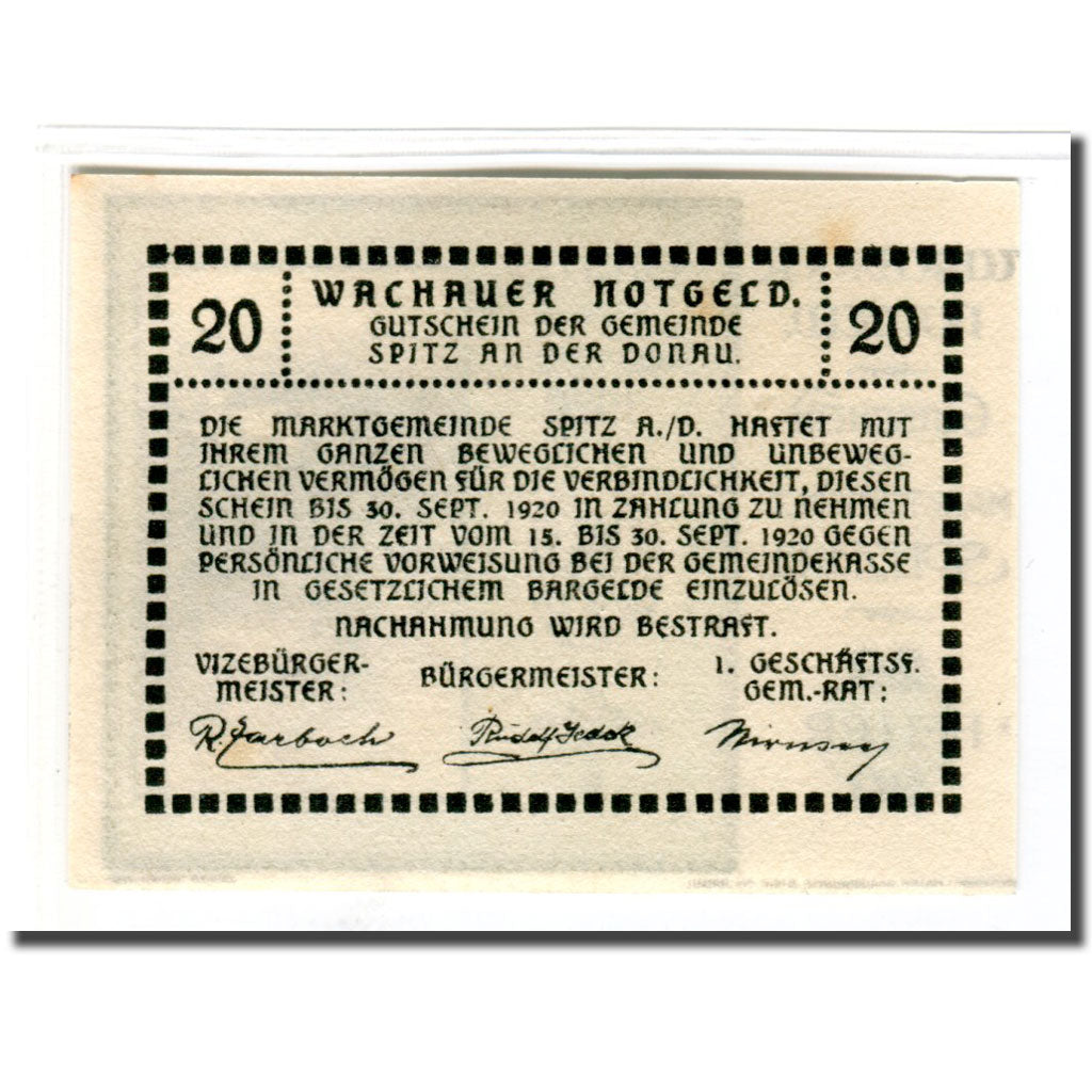 Billet, Autriche, Wachauer Notgeld Schönbühel N.Ö. Gemeinde, 20 Heller, texte
