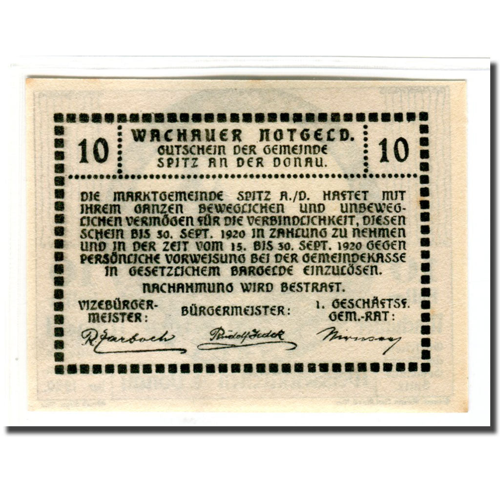 Banconote, Austria, Wachauer Notgeld Weißenkirchen Gemeinde, 10 Heller, Texte