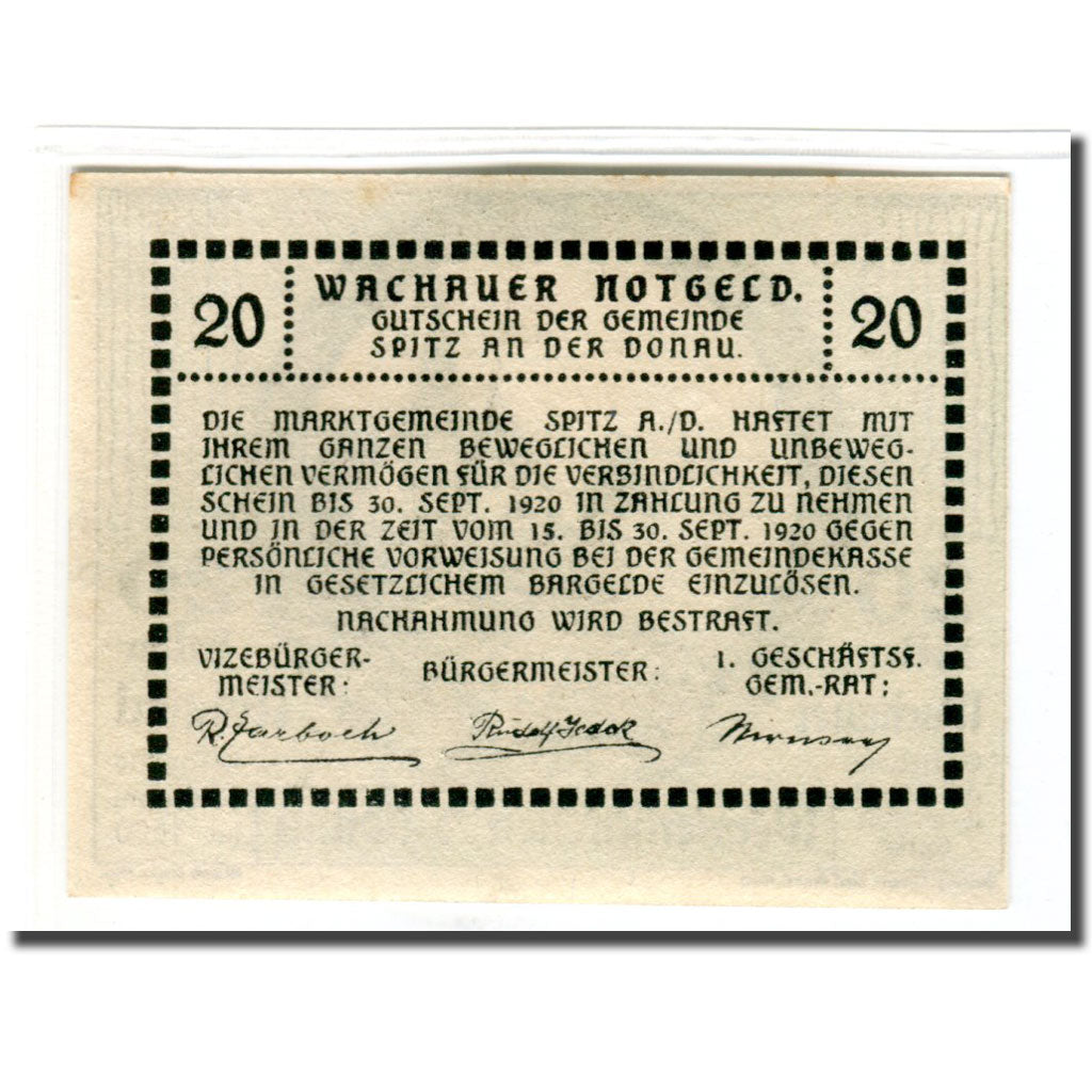 Billet, Autriche, Wachauer Notgeld Weißenkirchen Gemeinde, 20 Heller, texte 1