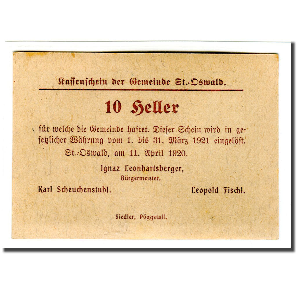 Billete, Austria, St. Oswald N.Ö. Gemeinde, 10 Heller, Texte, 1920, 1920-04-11