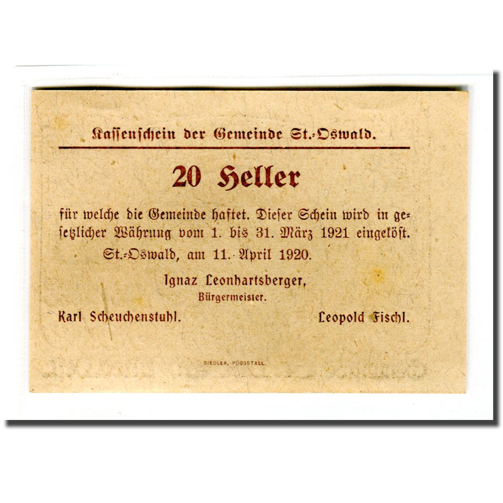 Banconote, Austria, St. Oswald N.Ö. Gemeinde, 20 Heller, texte 1, 1920