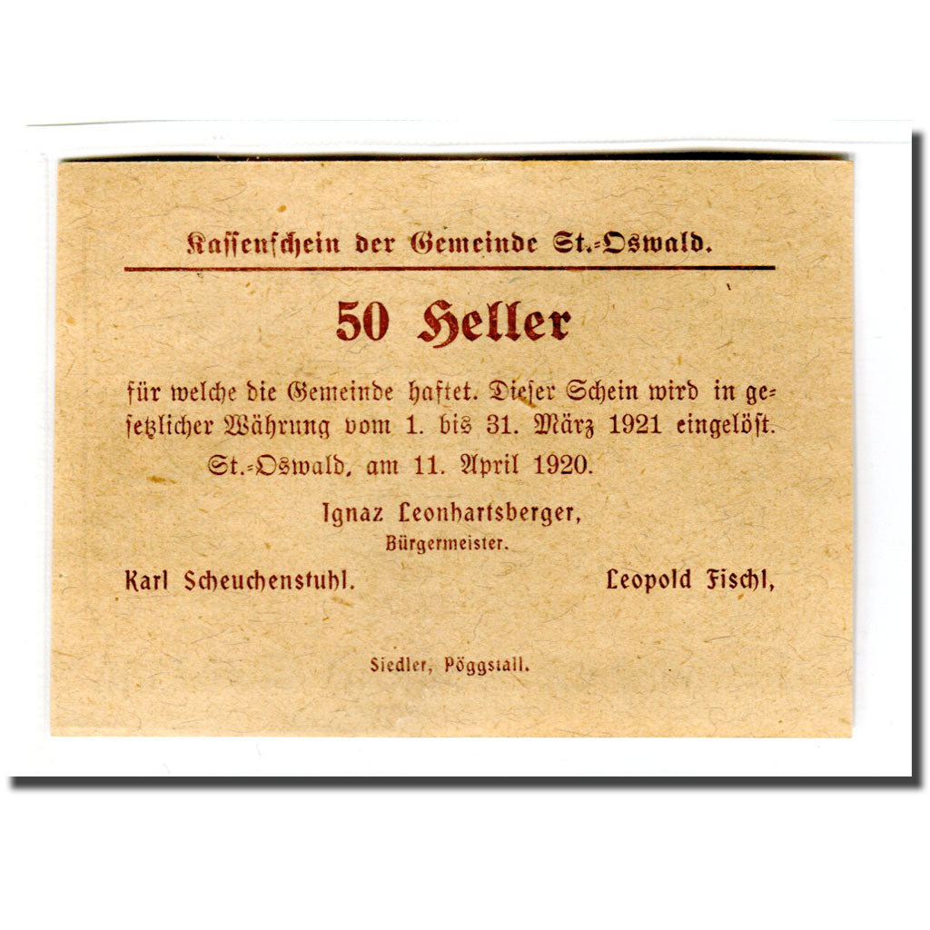 Billete, Austria, St. Oswald N.Ö. Gemeinde, 50 Heller, Texte 2, 1920
