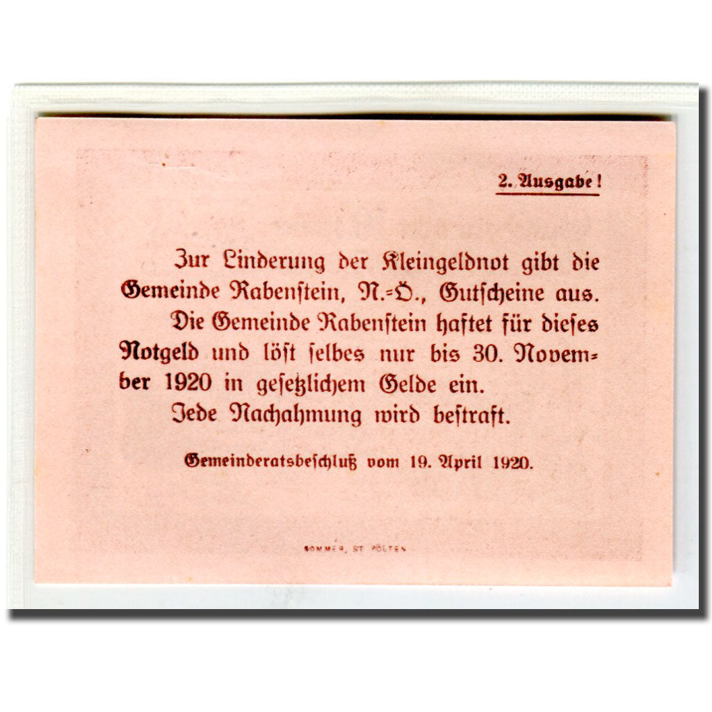 Banconote, Austria, Rabenstein, 10 Heller, Texte, 1920, 1920-04-19, SPL