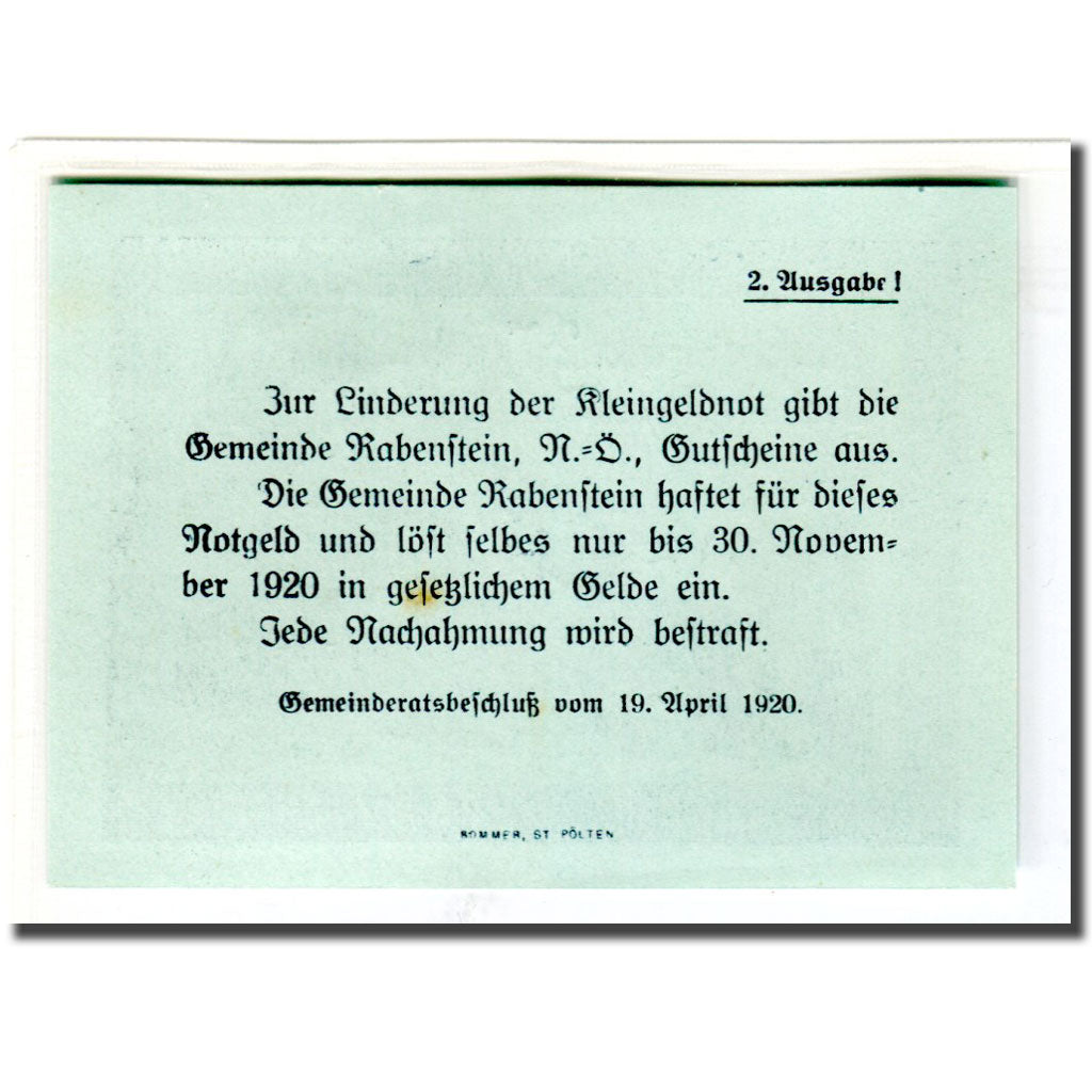 Billet, Autriche, Rabenstein, 20 Heller, texte 1, 1920, 1920-04-19, SPL
